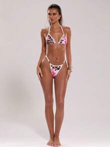 SHEIN BAE Slip di bikini da donna elegante e sexy con stampa leopardata, volant e decorazioni a conchiglia, costume da bagno alla moda per la primavera/estate