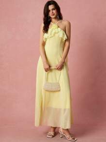 Enchnt Váy maxi hở lưng xếp nếp 3D họa tiết hoa hồng màu vàng bơ lãng mạn mùa xuân/hè dành cho nữ, dây mảnh, viền ruy băng nhún bèo, ngọt ngào và thanh lịch cho kỳ nghỉ, ngày lễ, tiệc tùng, lễ tốt nghiệp và khách dự tiệc cưới, bãi biển, váy dạ hội, váy mùa hè cho nữ, váy chống nắng cho nữ, quần áo mùa hè, váy thanh lịch cho tiệc tùng - Màu vàng - Xem 7