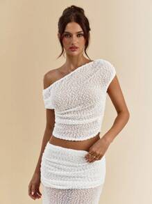 SHEIN BAE Conjunto de 2 piezas para mujer compuesto por top de encaje de red textura de ganchillo de color bliso sólido y falda larga transparente de cintura baja, adecuado para playa, vestido de verano, vestido blanco, vestido para brunch, vestido elegante - Albaricoque - Ver 5