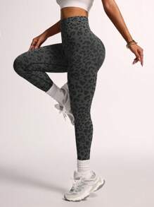 Easithlete Leopard Print Seamless High Waist Stretchy Gym Leggings Yoga Women Pants - Black - View 5