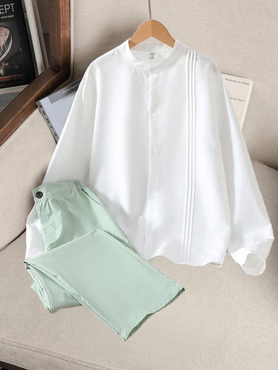 2 件套青少年男孩绅士套装，包括白色修身长袖衬衫和长裤，优雅时尚的服装，适合婚礼、婚礼嘉宾、花童、戒童 - 彩色 - 查看 1