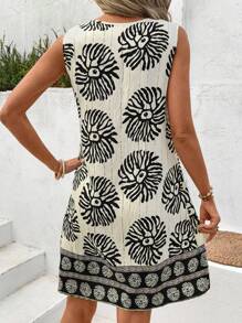 SHEIN LUNE Đầm không tay in họa tiết cổ chữ U viền kim loại cho nữ, mùa hè - màu đen - Xem 2