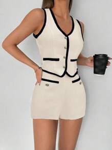 Siren Gaze 2 pièces Top sans manches avec passepoil contrastant et ensemble de shorts boutonné, été - Nude - Voir 4