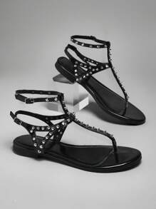 SHUZIA Women Fashionable Punk Studded Flat Sandals, Versatile Summer Shoes Spring Shoes Spring Break Easter Vacation Shoes Casual Shoes Beach Shoes Mother's Day Present