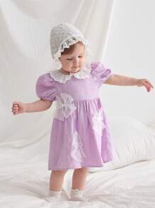 SHEIN Baby Girl Ruffle Trim Round Neck Puff Sleeve Cinched Waist A-Line Dress - Multicolor - View 1