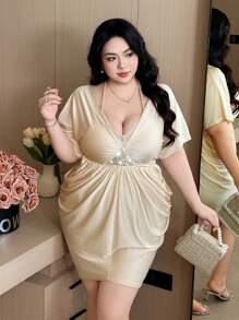 Flirla Plus Size Women's V-Neck Spaghetti Strap Pleated Lace Patchwork Glossy Rhinestone Embellished Elegant Vintage Party Maxi Dress, Spring/Summer - Apricot - View 9