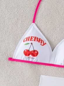 Tween 3 Pieces Cherry Bikini Swimwear Set For Beach Party - White - View 5