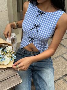 SHEIN Essnce Women's Sleeveless Blue & White Plaid Blouse, Bowknot Backless V-Neck Shirt Gingham Top Checkered Top Bow Top Women Preppy Tops Cute Gingham Top Cotton Shirt - Blue and White - View 7