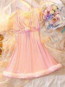 Charming Alluring Pink Fuzzy Hem Women's Sleep Dress, Suitable For Music Festivals And Parties - Pink - View 2