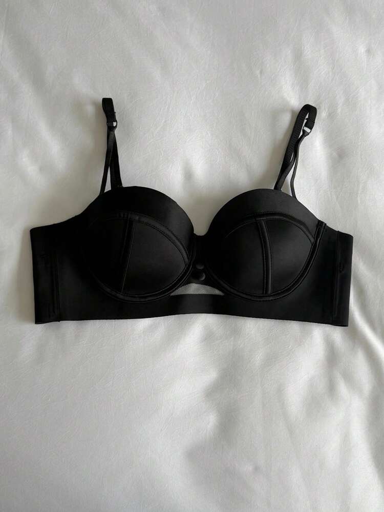 1 Pc Women's Vintage Solid Color Minimalist Adjustable Strap Lightly Padded Bra, Black Lingerie For Women