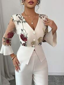 SHEIN Raffinéa 2pcs Women's Elegant Apricot Mesh Embroidered Patchwork Mid-Sleeve Set Elegant 2 Pieces Set - Apricot - View 6