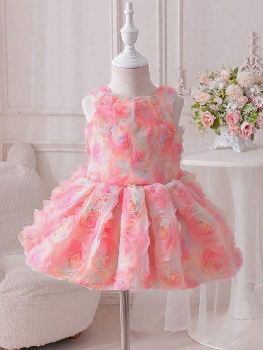 Baby Girl Spring&Summer Elegant Style Flower A-Shape Princess Pleated Dress - Pink - View 1