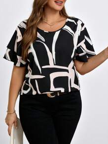 Chikora Camisa informal de manga abullonada con estampado todo over, tallas grandes, verano - Negro - Ver 3