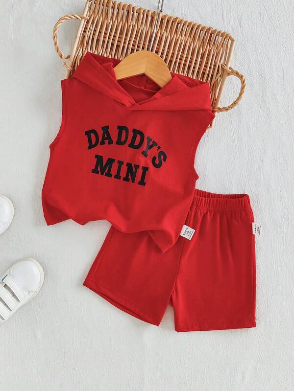 SHEIN Unisex Newborn - 1 Year Old Infant/Toddler "Daddy's Mini" Casual Sleeveless Hoodie Top With Shorts Set, Suitable For Daily Outings And Sports In Summer
