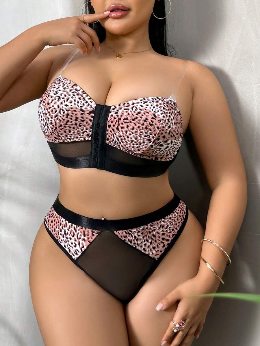 SHEIN 2pcs Set Leopard Print Mesh Front Closure Wireless Bra - Multicolor - View 1