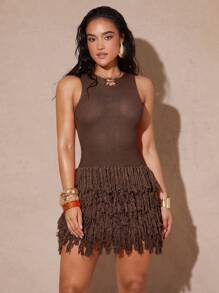 Silquee Women's Solid Color Crew Neck Sleeveless Fringed Hem Bodycon Sweater Dress