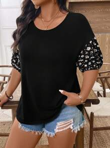 EMERY ROSE 大码女式雏菊印花拼布短袖休闲T恤，夏季 - 黑色 - 查看 6