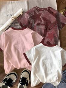 4pcs/Set Tween Girls' Casual Simple Short Sleeve Round Neck T-Shirts, Suitable For Summer - Multicolor - View 2