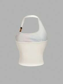 SHEIN MOD Plus Size Women Retro Floral Print Fitted Asymmetrical Open Shoulder Top, Faux Pearl Decor, Romantic Gothic Aesthetic, Hawaiian Style Vacation Wear, Y2K Vintage, Hippie, Western, Summer,Bohemian Halter Neck Top - Apricot - View 2