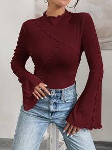 Siren Gaze Women's Solid Color Ruffle Collar Fitted Long Sleeve T-Shirt, Autumn Winter Christmas Red New Year Burgundy Casual - Burgundy - View 4