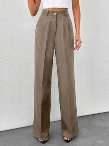 SHEIN Tall Tall Women's Solid Color High Waisted Wide Leg Pants - Coffee Brown - View 5