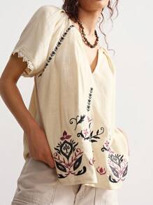 Bohemela Blusa informal de manga corta, holgada, de tejido liso con bordado para mujeres - Albaricoque - Ver 7