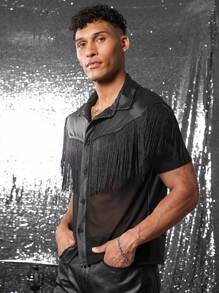 FeverCity Camisa corta de manga corta holgada con cuello polo y decoración de flecos para hombres FeverCity