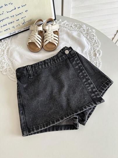 SHEIN Shorts en jean noirs pour jeune fille, tenue de vacances décontractée de printemps et d'été, style boho country