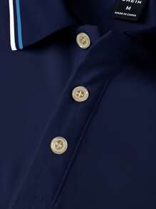 Calvornis 男士拼色条纹印花休闲短袖 Polo 衫，夏季 - 寶藍色 - 查看 4