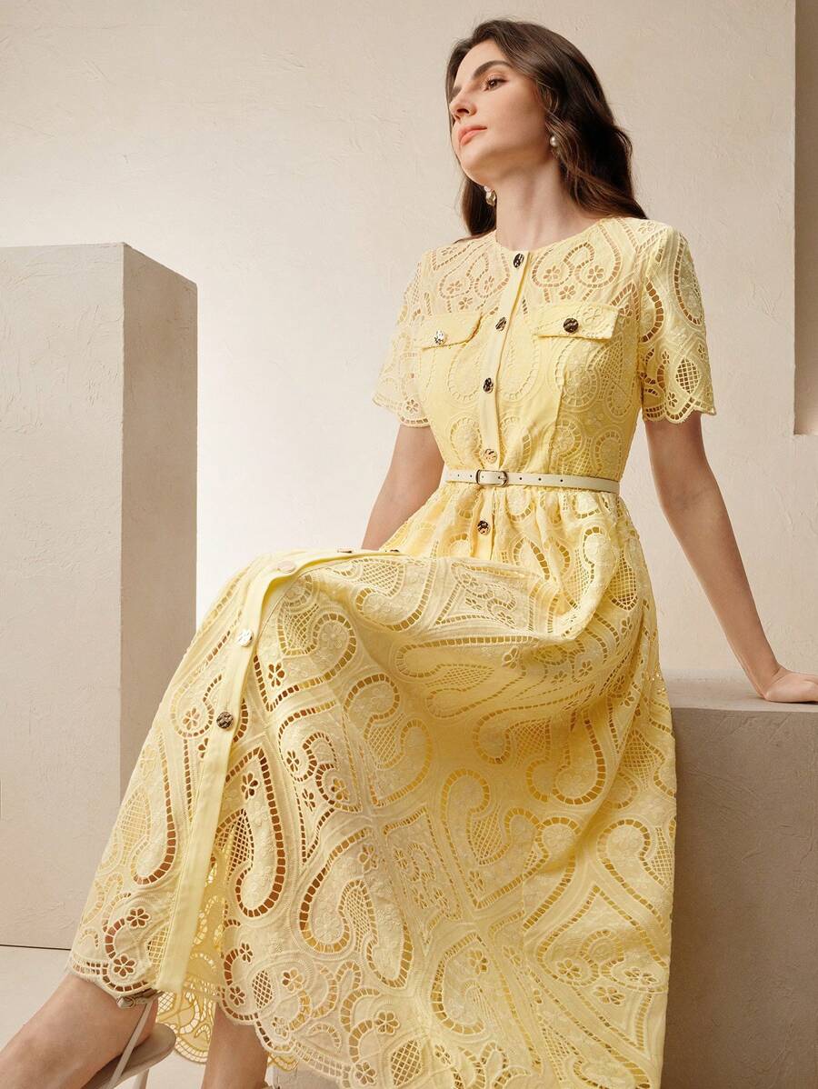 Anewsta 夏季优雅水溶刺绣中长款短袖收腰镂空迷你连衣裙 - 黃色 - 查看 1