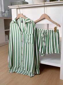 Comfortcana Bộ quần áo nữ mùa thu Bộ đồ hai mảnh mới mùa thu Áo dài tay in sọc xanh lá cây dệt và quần short 2 món Bộ đồ thường ngày cho nữ Bộ áo sơ mi cho nữ Áo sơ mi cho mùa hè Áo sơ mi cho nữ mùa hè - màu xanh lá - Xem 8