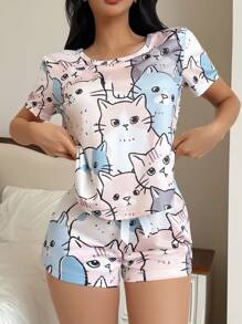 Eraneu INS 可爱猫咪印花女士家庭睡衣套装 - 彩色 - 查看 1