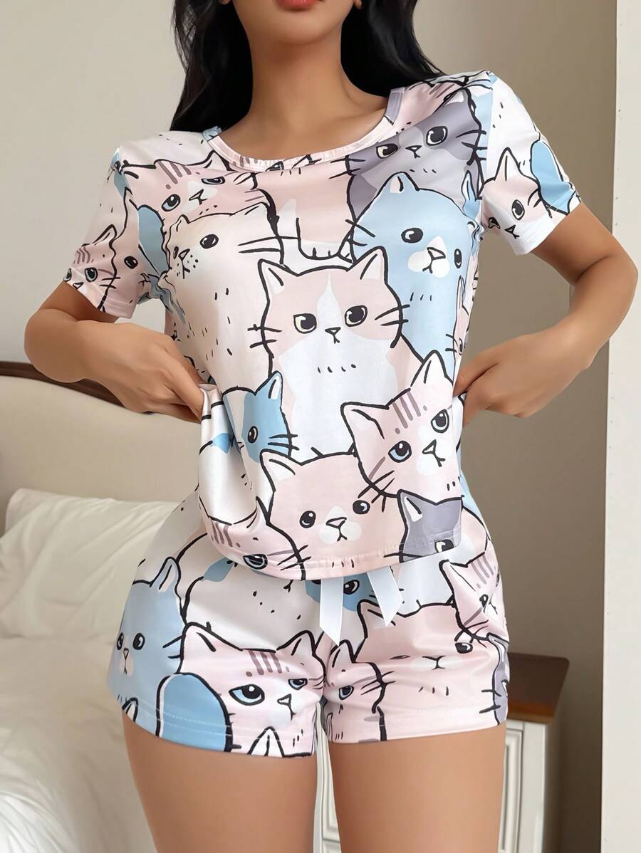 Eraneu INS 可爱猫咪印花女士家庭睡衣套装 - 彩色 - 查看 1