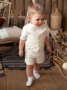 3 件套男婴正式绅士装，蝴蝶结短袖衬衫 + 单排扣背心 + 休闲短裤套装，适合婚礼、表演、派对、生日、圣诞节和毕业典礼，儿童/幼儿/男婴婚礼装 - 彩色 - 查看 8