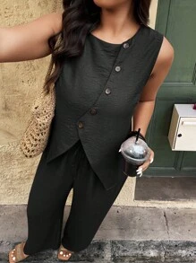 SHEIN Holidaya Conjunto de 2 piezas informal para mujer talla grande: chaleco de solapa única y pantalones de pierna ancha de unicolor para el verano