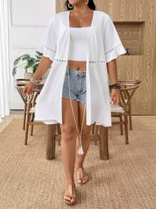 EMERY ROSE Plus Size Women Solid Bell Sleeve Long Lightweight Vacation Tassel Jacket - White - View 5