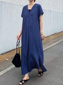 FRIFUL 女士宽松短袖长衬衫裙，休闲纯色夏季亚麻长袍 - 藍色 - 查看 4