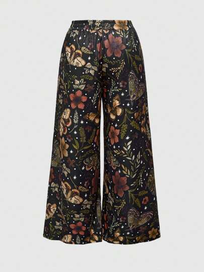 Fairycore Plus Size Women Vacation Butterfly Moth Plant Print Wide Leg Pants