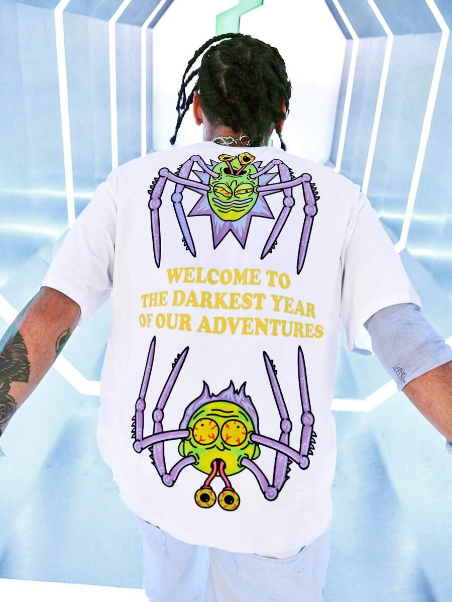 Rick and Morty X SHEIN Áo thun nam tay ngắn dáng rộng in hình hoạt hình vui nhộn và khẩu hiệu phong cách đường phố, mùa hè, Halloween - trắng - Xem 1