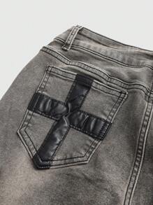 ROMWE Avant Jeans pitillo de tiro súper bajo con diseño cruzado de estampado de cebra y parches, estilo vintage Y2K de mujer