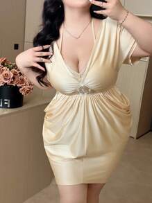 Flirla Plus Size Women's V-Neck Spaghetti Strap Pleated Lace Patchwork Glossy Rhinestone Embellished Elegant Vintage Party Maxi Dress, Spring/Summer - Apricot - View 6