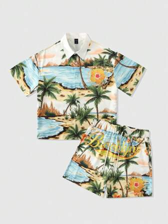 Street Life Conjunto casual para vacaciones de camisa de manga corta con botones y estampado de palmeras, y pantalones cortos para hombre
