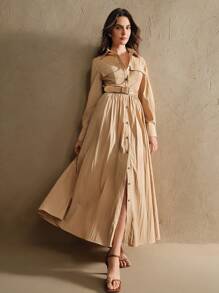 Anewsta French Retro Long Sleeve Belted Long Shirt Dress - Khaki - View 5