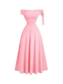 Sweetra Romantic Off Shoulder Lace Up Long Dress, Suitable For Valentine's Day Date, Party - Pink - View 1