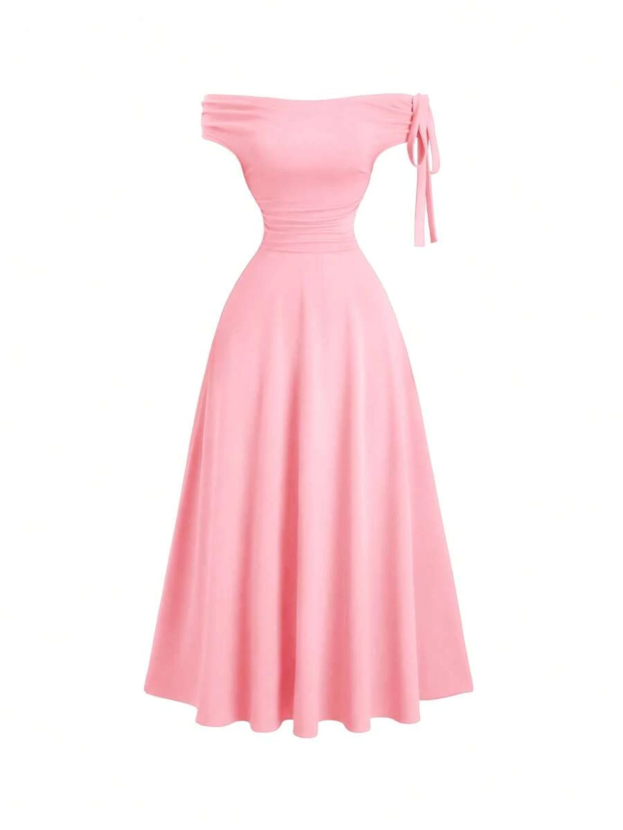 Sweetra Romantic Off Shoulder Lace Up Long Dress, Suitable For Valentine's Day Date, Party - Pink - View 1