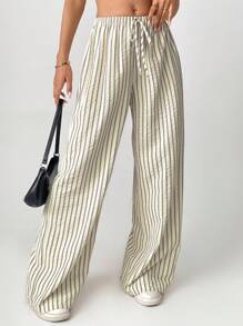 SHEIN Tall 宽松条纹阔腿裤，前系带，休闲装 - 米色 - 查看 8