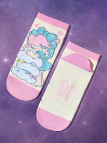 Pop Mart Azura X SHEIN 5 Pairs Cartoon Pattern Fashionable Cute Macaron Color Fantasy Soft And Breathable Moisture-Wicking Women Elastic Ankle Socks, Reinforced Toe And Heel, Suitable For Spring, Summer, Autumn, Winter, Pink & Purple