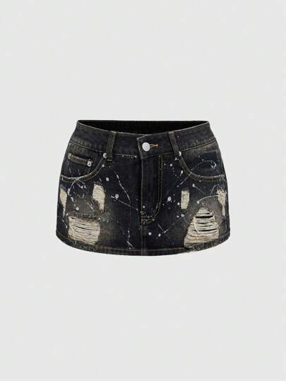 Grunge Punk Y2K Retro Gyaru Distressed Washed Silver Hardware Mini Denim Skirt