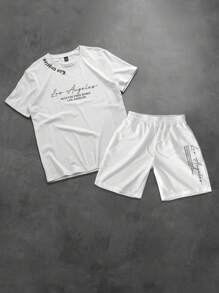 Manfinity LEGND Ensemble t-shirt casual à manches courtes col rond avec imprimé slogan et short à cordon de serrage pour homme - Blanc - Voir 4