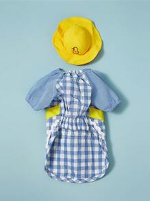 PETSIN Cute Camping Style Blue Plaid Duck Design + Hat Pet Dog Backpack, Toddler Cartoon Duckling Outfit Set, Spring/Summer/Autumn